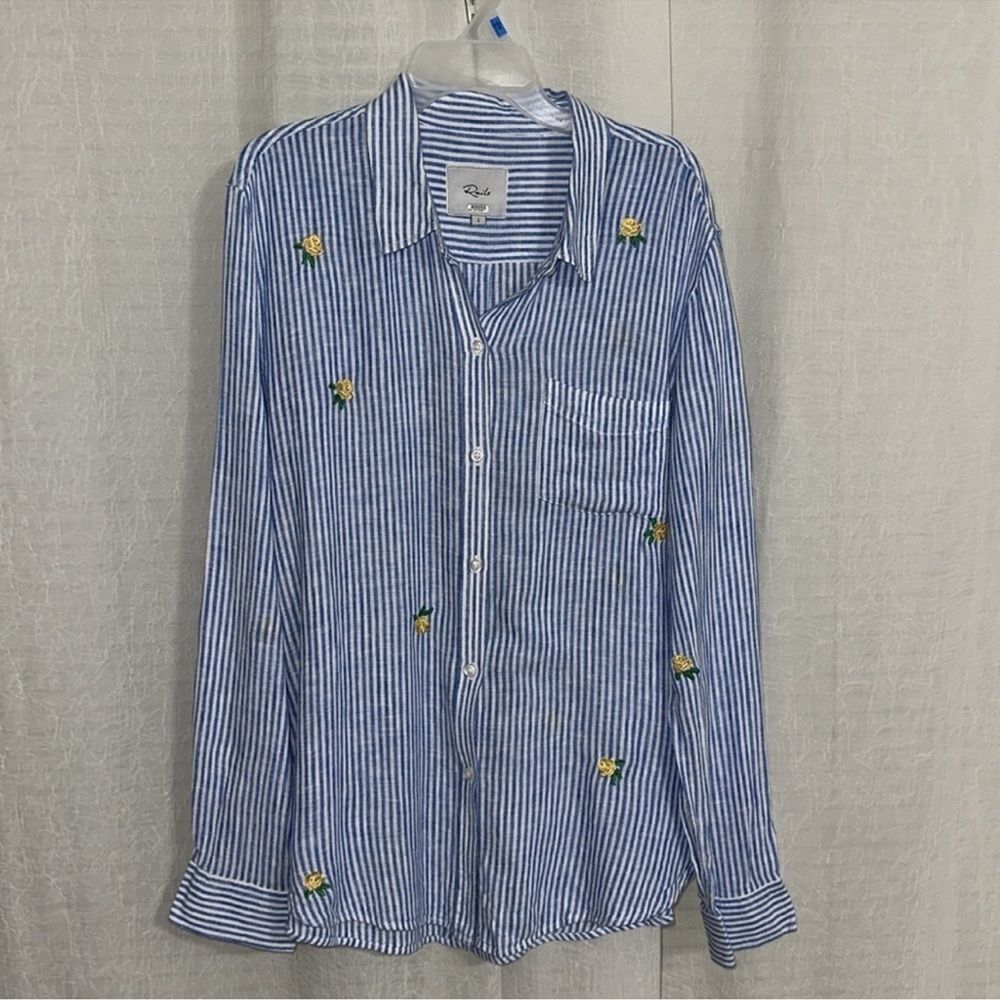 Rails L Charli Blue White Vertical Stripes Yellow Green Embroidered Roses Shirt - Picture 9 of 15